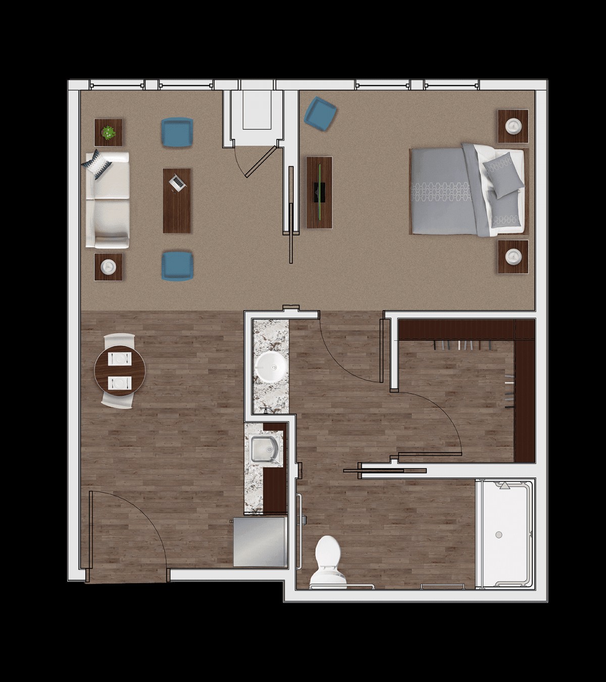 A floor plan of a one-bedroom apartment featuring a living room, kitchen, and bathroom.