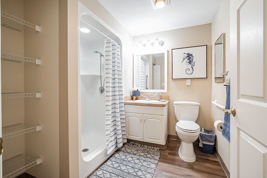 A modern bathroom featuring a shower, toilet, and sink with stylish decor.