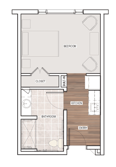 A simple apartment floor plan showcasing a bedroom, bathroom, and kitchen.