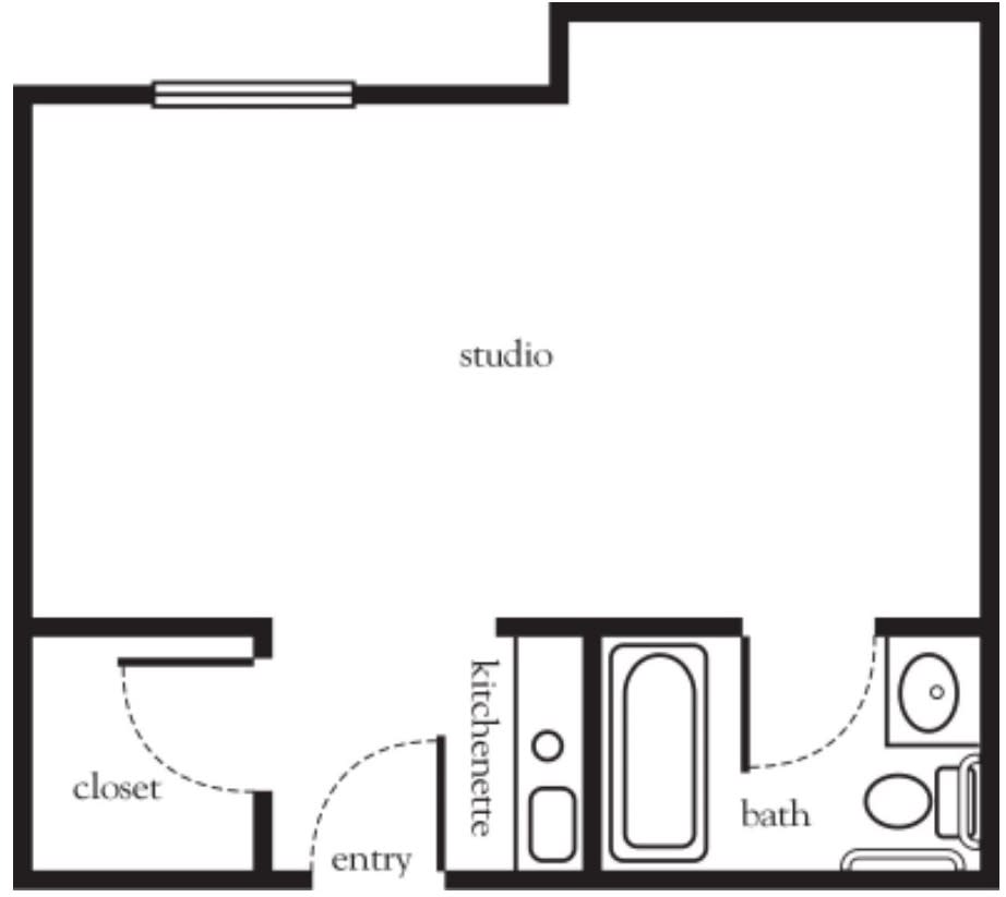 A simple floor plan layout of a studio apartment, featuring a kitchen, entryway, closet, and bathroom.