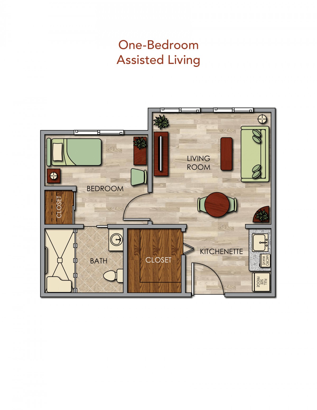 Floor plan of a one-bedroom assisted living apartment.