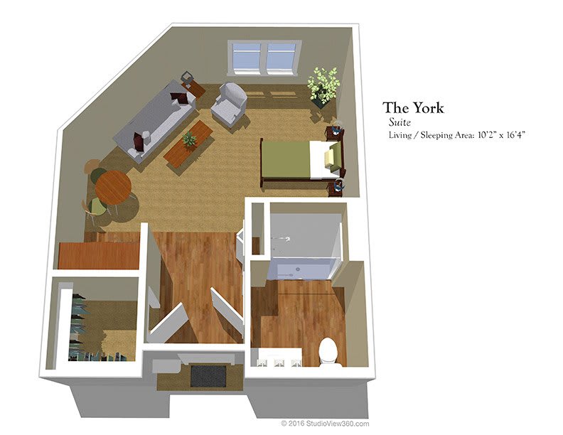 A 3D floor plan of a studio apartment featuring a living area, kitchen, and bathroom.