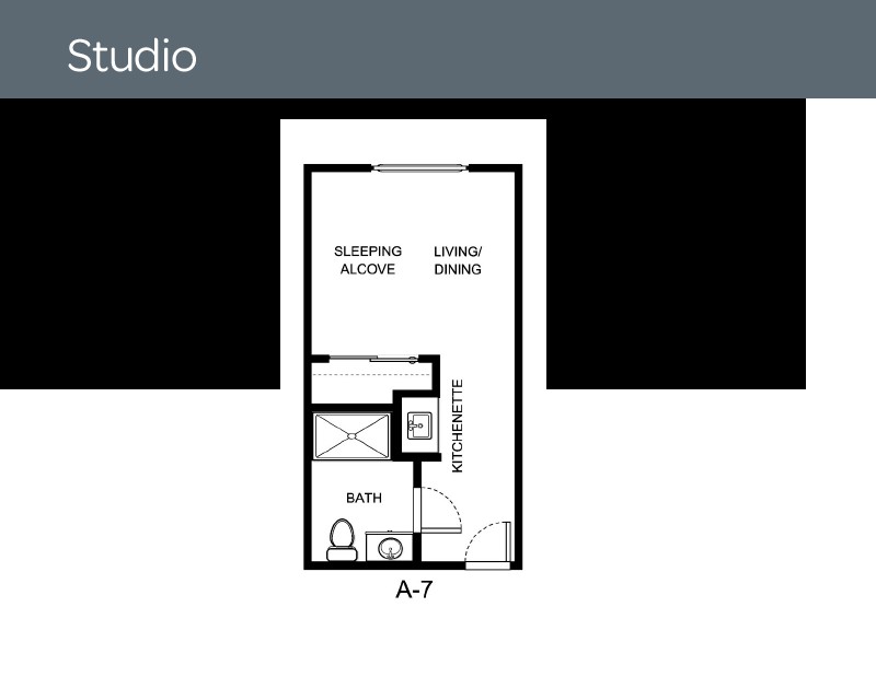 Studio apartment floor plan with sleeping area and living/dining space.