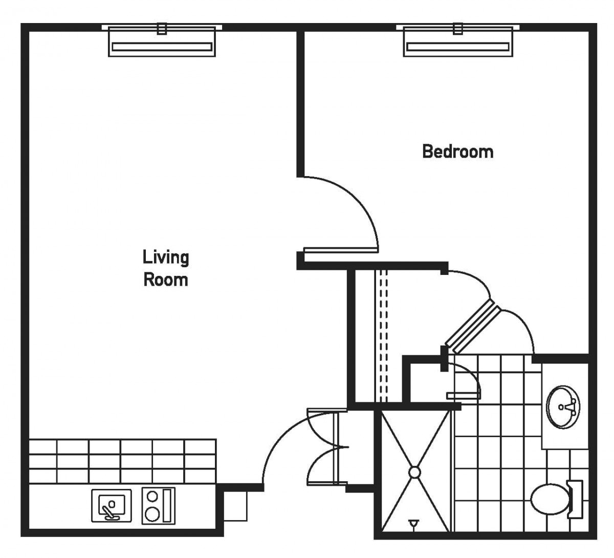 This image shows a simple floor plan of an apartment with a living room, bedroom, kitchen, and bathroom.