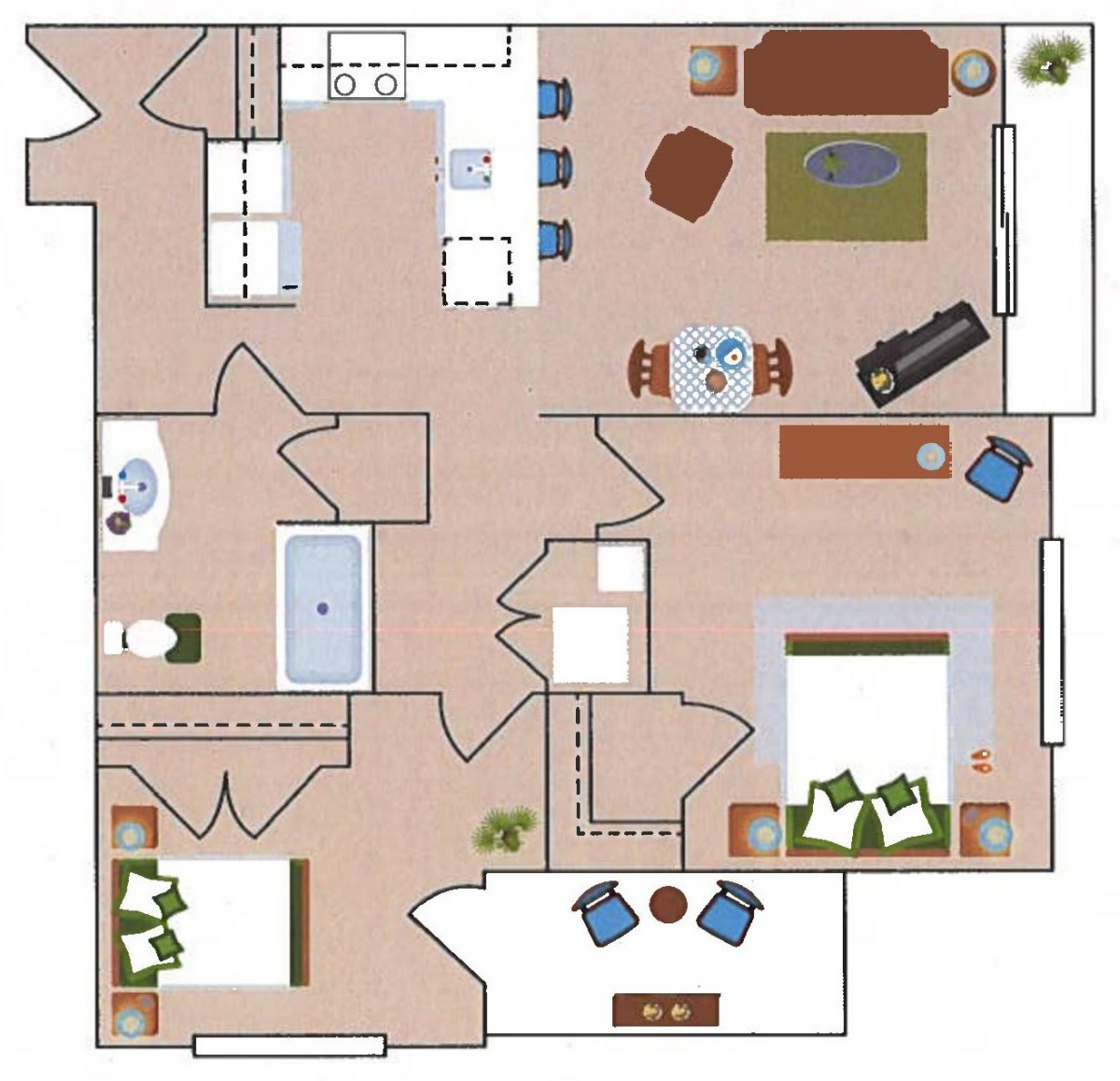 A detailed floor plan of an apartment, showcasing various rooms and their arrangements.