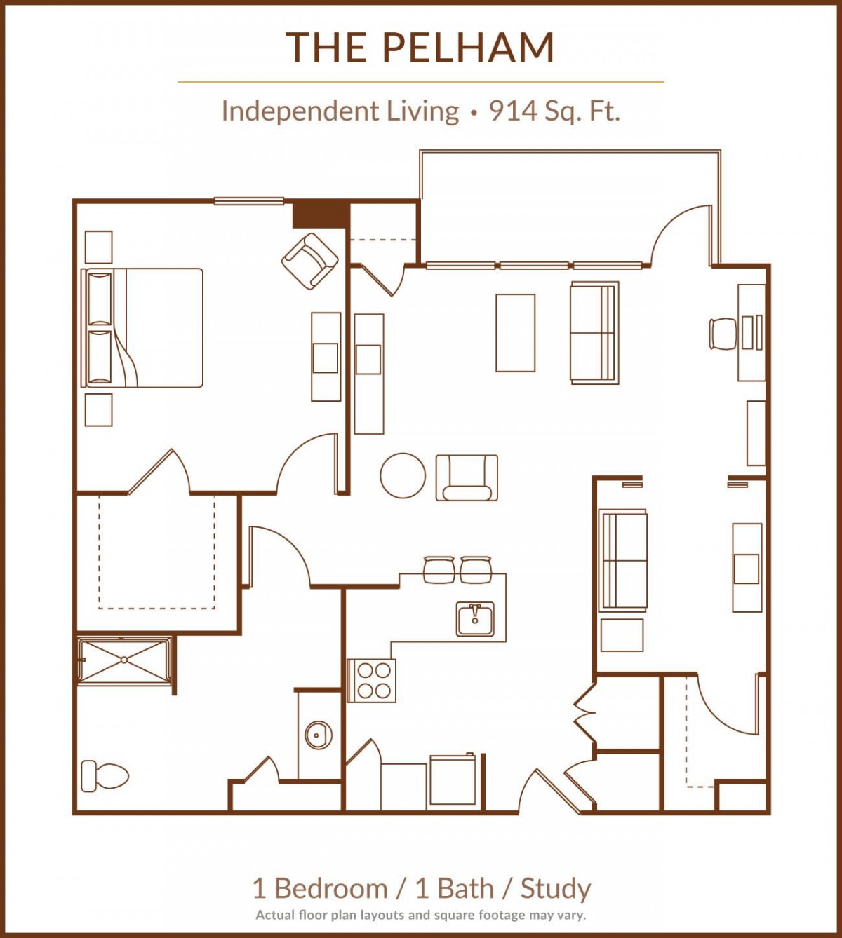 A floor plan of an independent living apartment featuring 974 square feet, with two bedrooms and two bathrooms.
