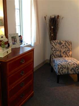 A cozy room corner with a patterned chair and wooden dresser.