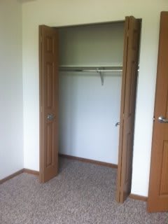 Empty closet with open wooden doors and carpeted floor.