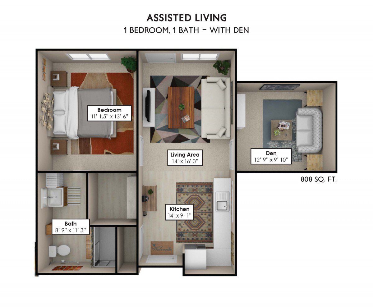 Assisted living floor plan featuring a 1-bedroom, bathroom, kitchen, and den.