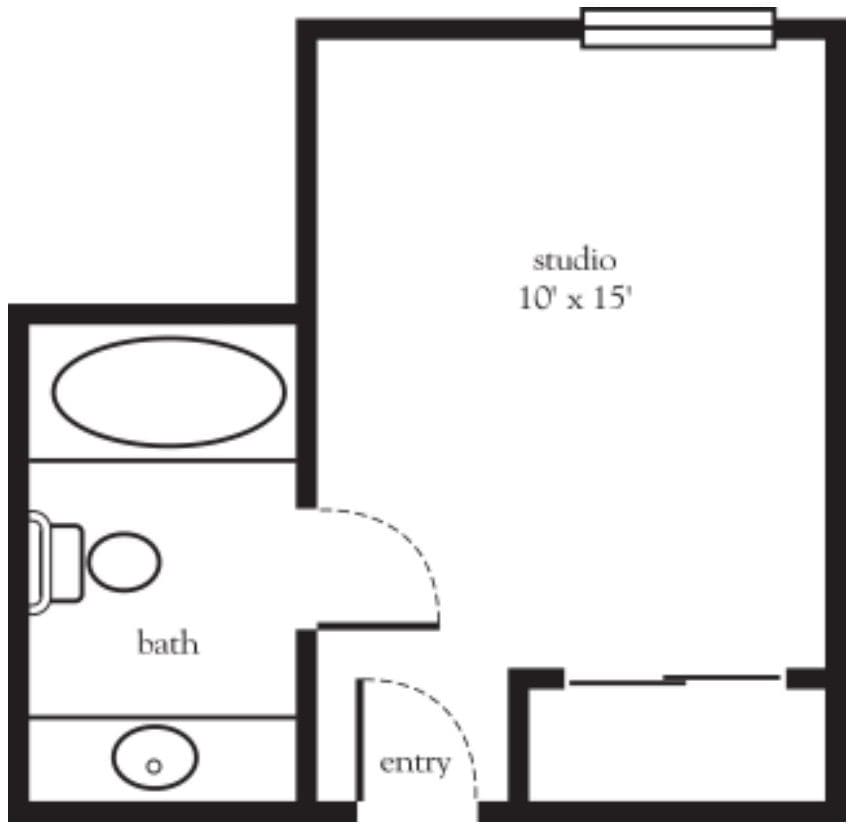 A floor plan of a small studio apartment with dimensions and a bathroom layout.
