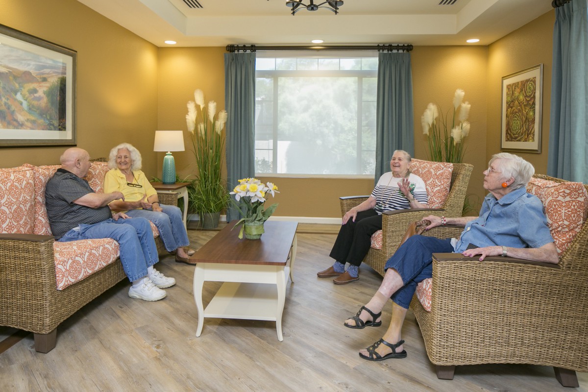A group of seniors relaxing and conversing in a cozy living room.