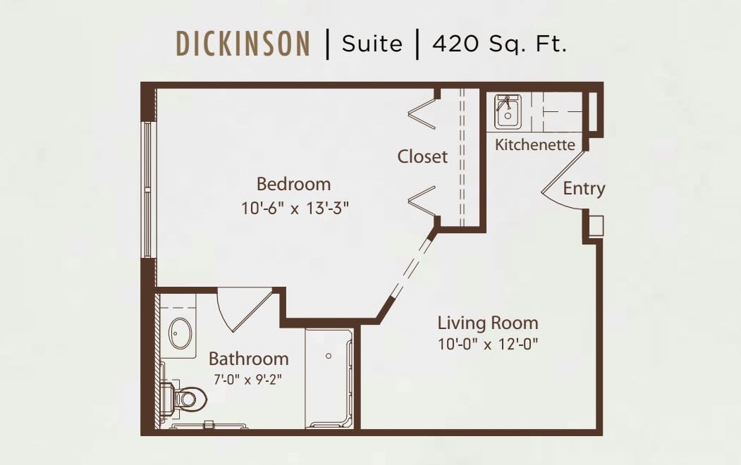Floor plan of a 420 sq. ft. apartment suite with a bedroom, living room, bathroom, and kitchenette.