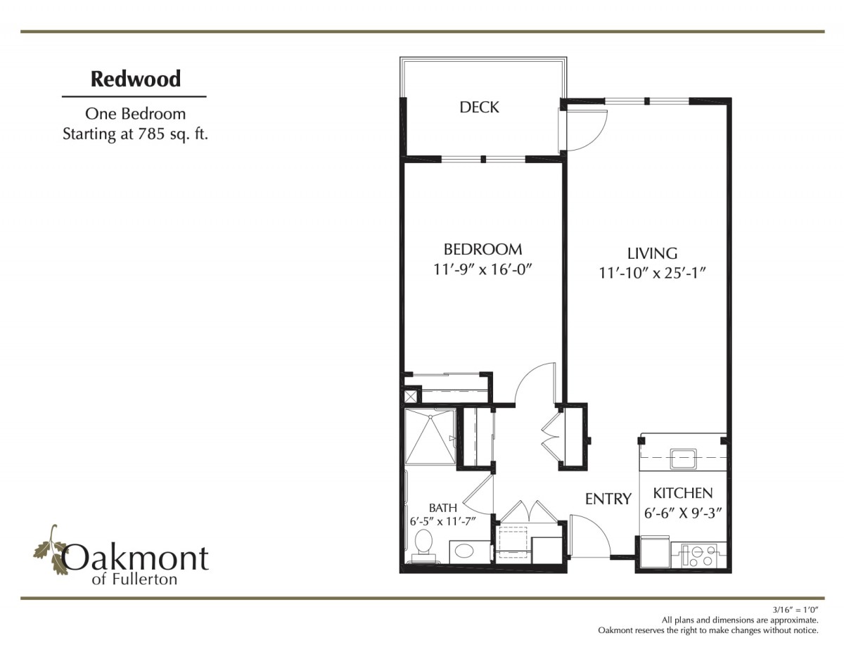 Floor plan of a one-bedroom apartment with a living area, kitchen, and deck.