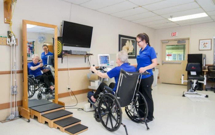 A healthcare professional assists an elderly patient in a wheelchair with physical therapy exercises at a rehabilitation facility.