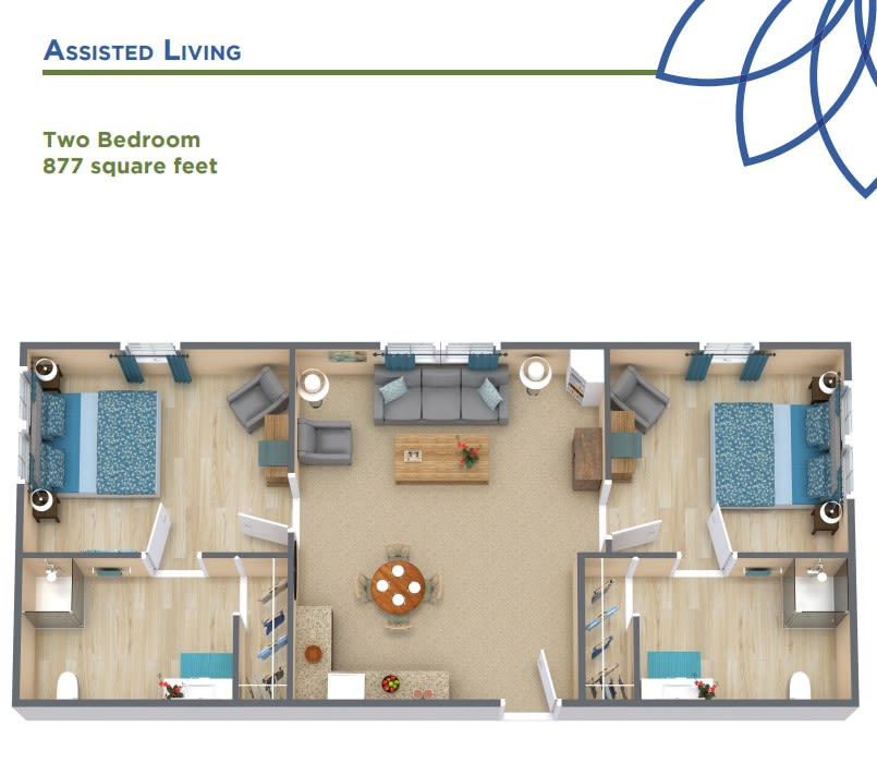 A detailed floor plan of a two-bedroom assisted living space measuring 877 square feet.