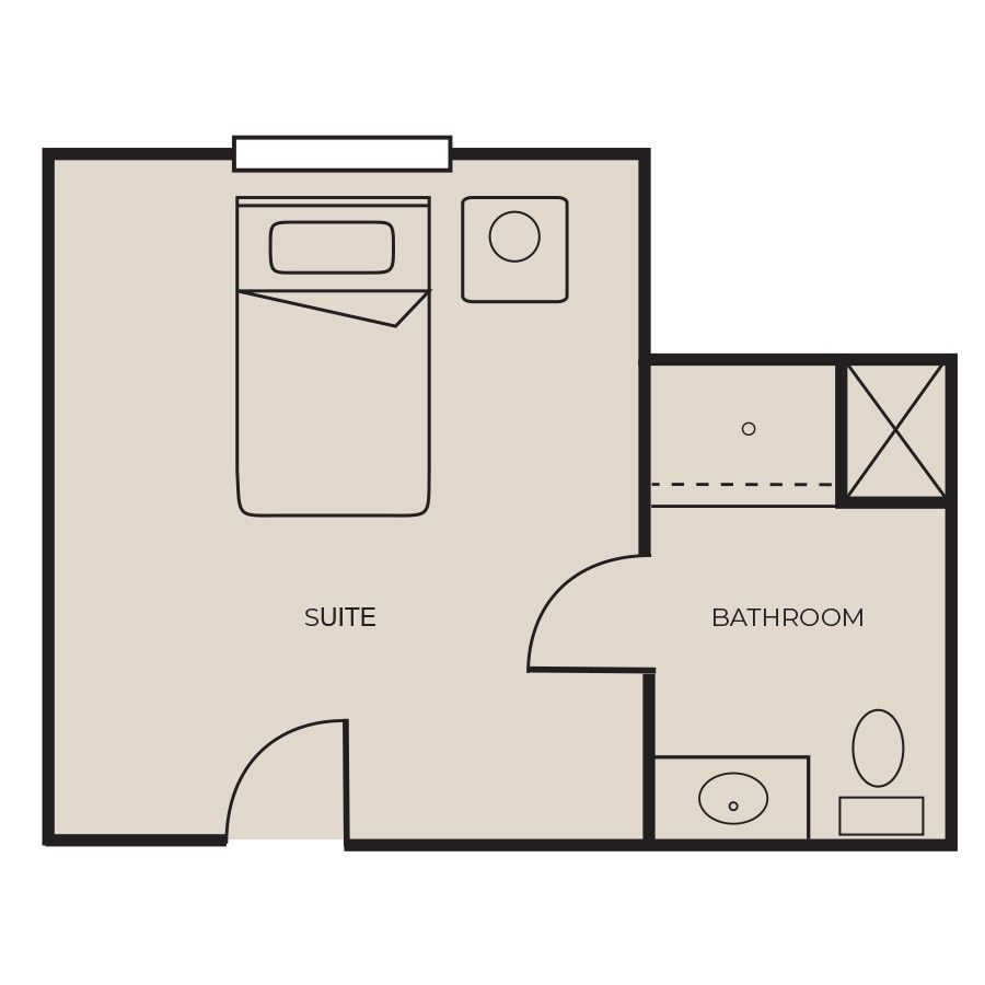 A simple floor plan of a suite with an attached bathroom.