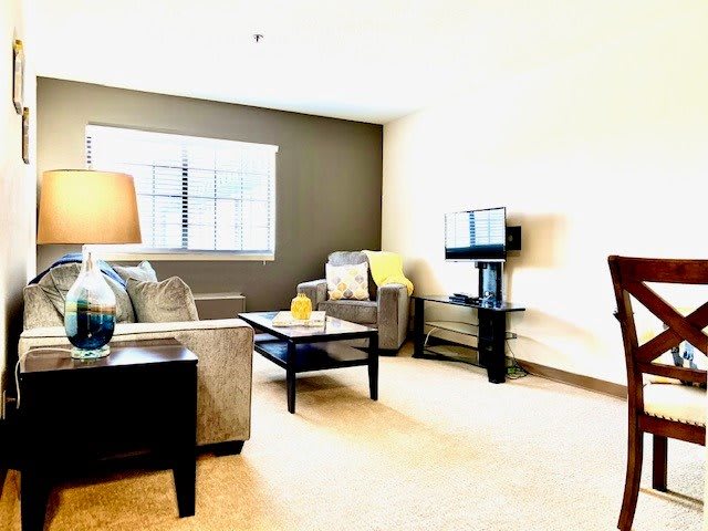 A cozy living room with comfortable seating, a television, and ample natural light.