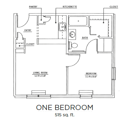 A 575 sq. ft. one-bedroom apartment floor plan showing the layout of rooms including a living room, kitchen, bathroom, closet, and entryway.