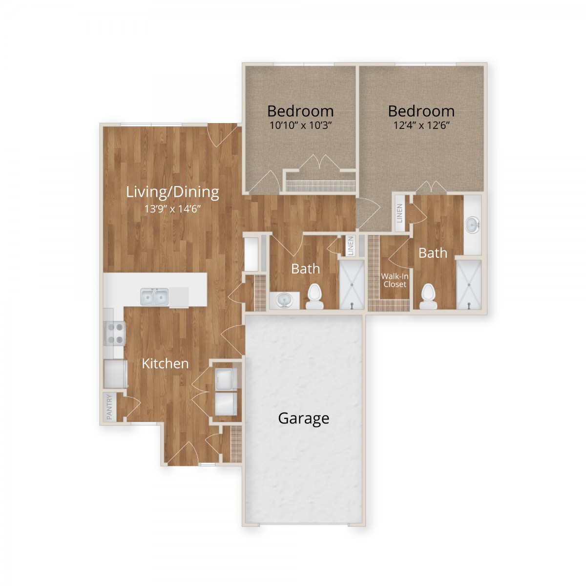 A floor plan depicting a house layout with two bedrooms, living area, and garage.