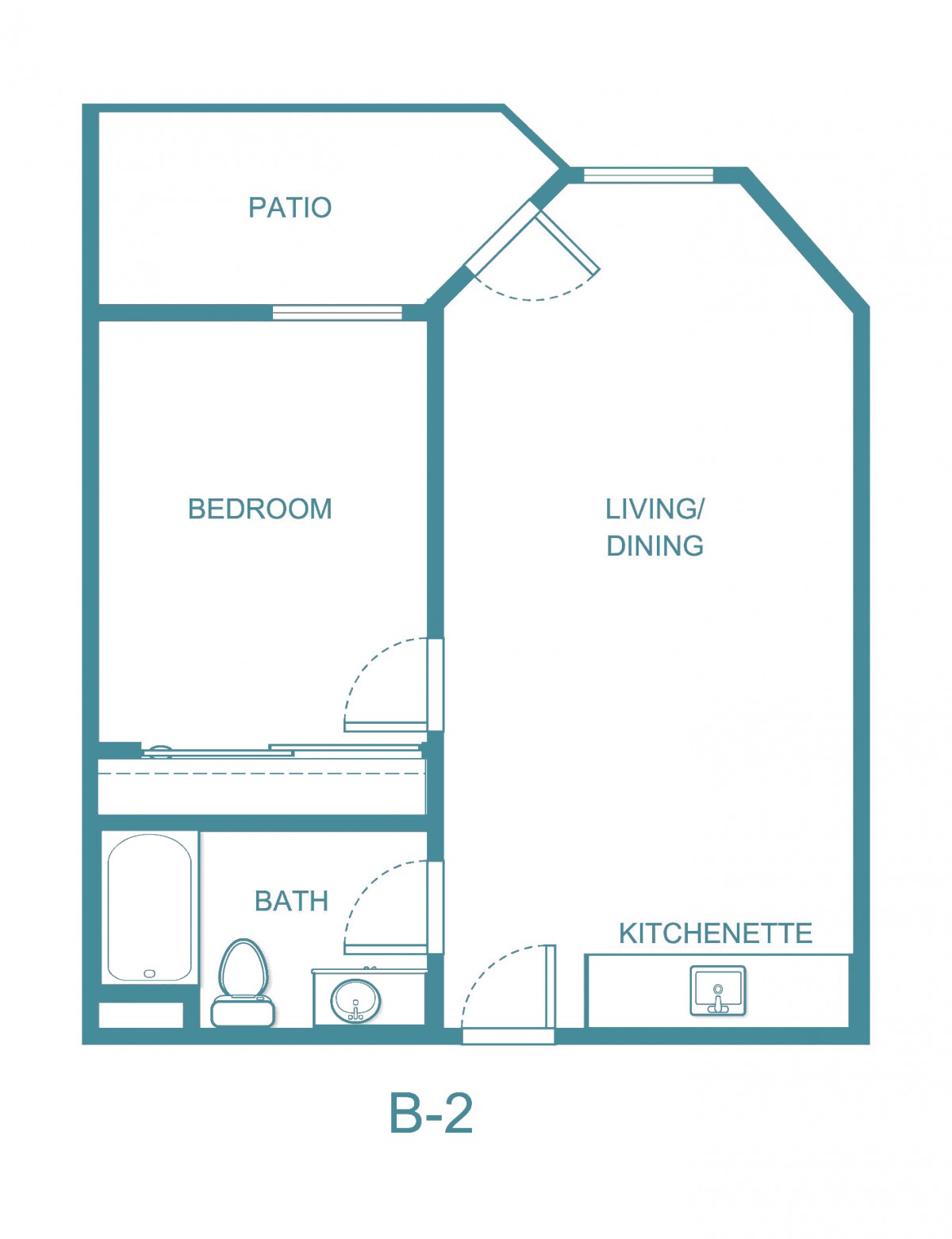 A floor plan showing a one-bedroom apartment with a bath, kitchenette, living/dining area, and patio.