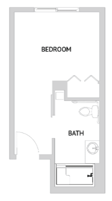 A simple floor plan featuring a bedroom and a bathroom.