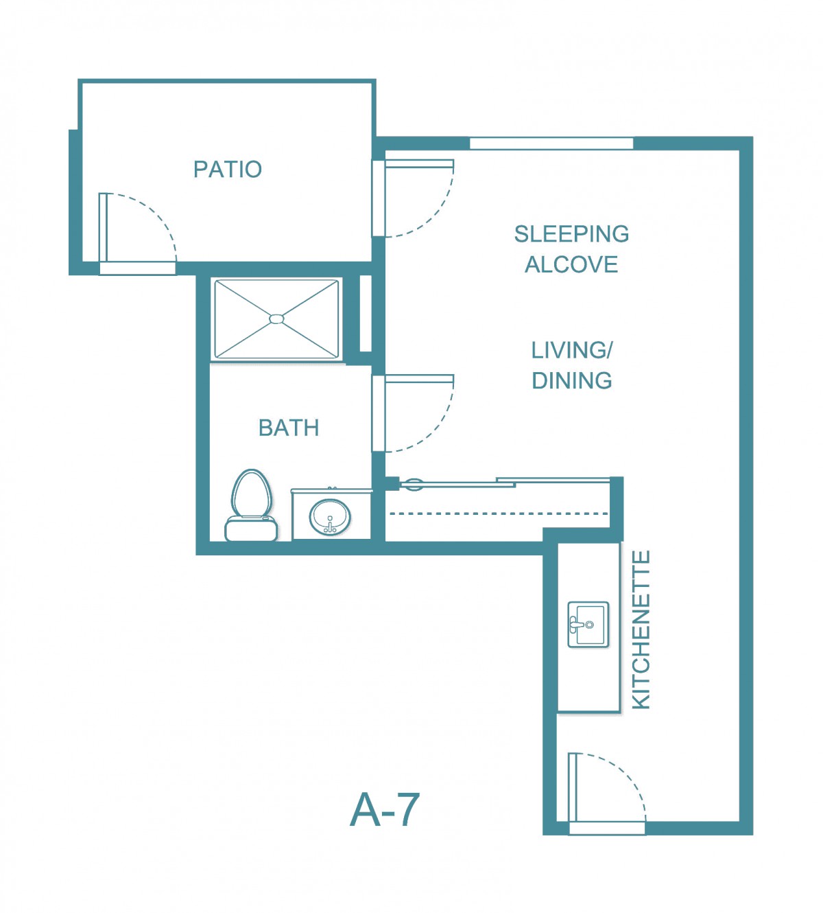 Studio apartment floor plan with a sleeping alcove, living/dining area, kitchenette, bathroom, and patio.