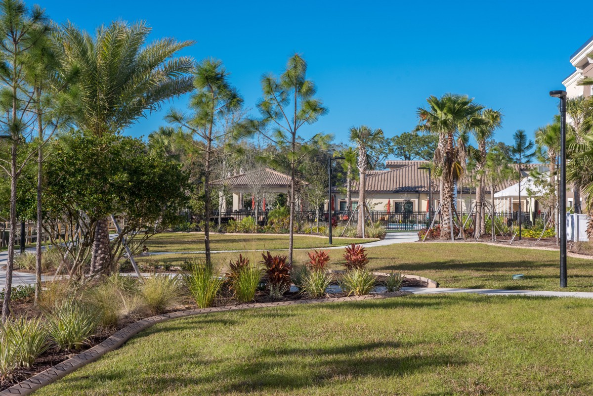 A beautiful house surrounded by a well-maintained garden with palm trees and lush grass.