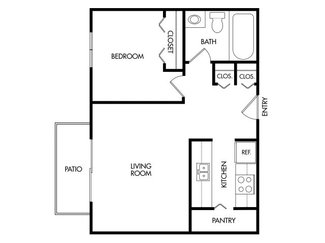 A simple floor plan of a one-bedroom apartment featuring a living room, kitchen, bathroom, and patio.