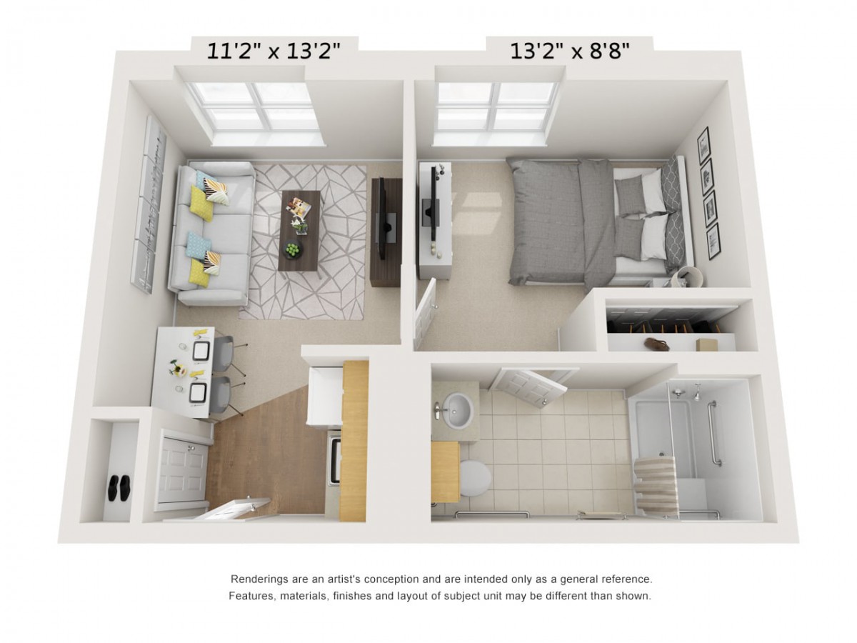 A 3D floor plan of a one-bedroom apartment featuring a living room, kitchen, and bathroom.