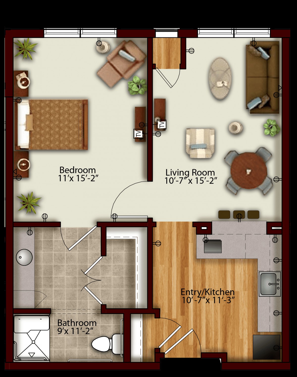 A floor plan showing the layout of an apartment with a bedroom, living room, kitchen, and bathroom.