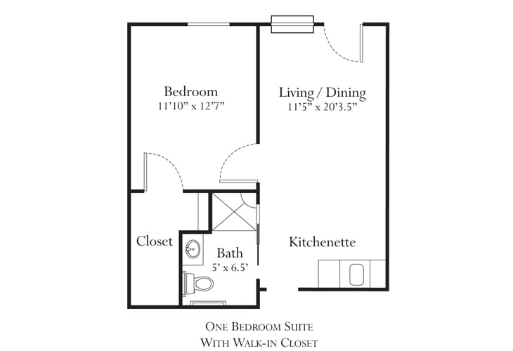 A floor plan of a one-bedroom suite featuring a living/dining area, kitchenette, bathroom, and walk-in closet.