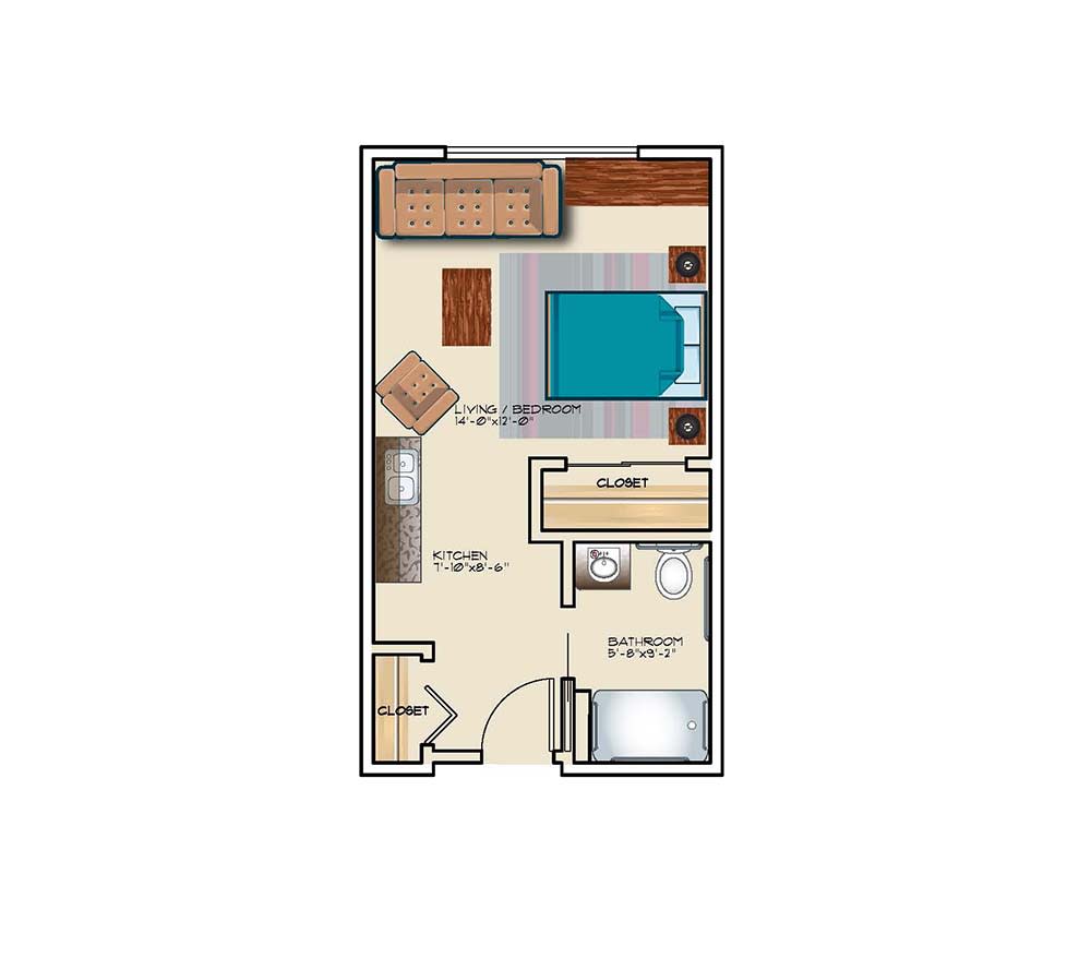 A floor plan of a one-bedroom apartment layout.