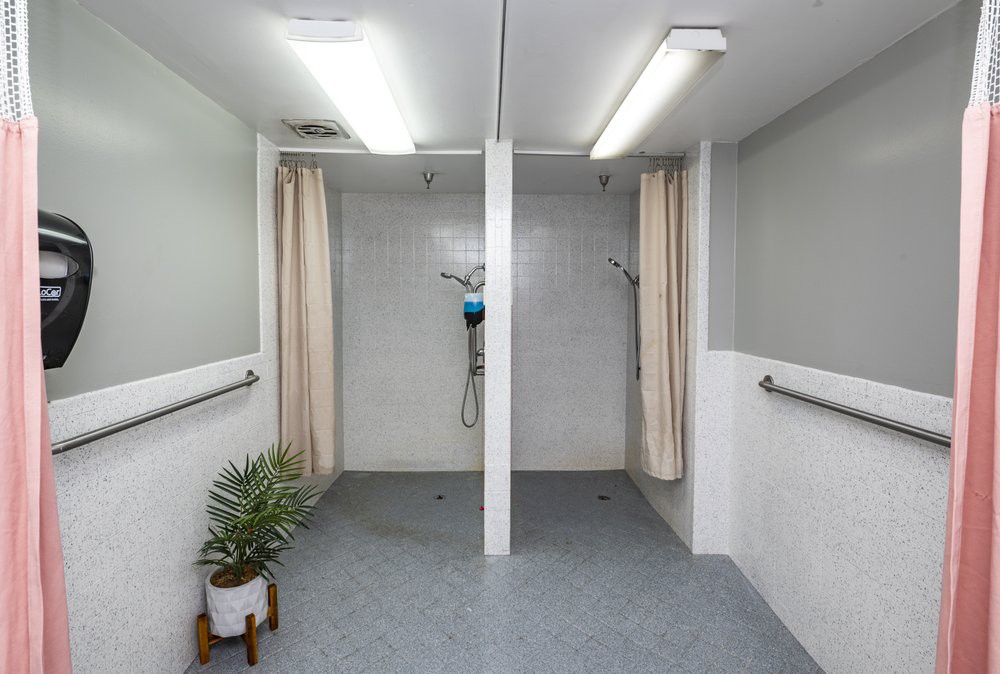 A clean, tiled shower area with two stalls separated by curtains and adorned with a potted plant.