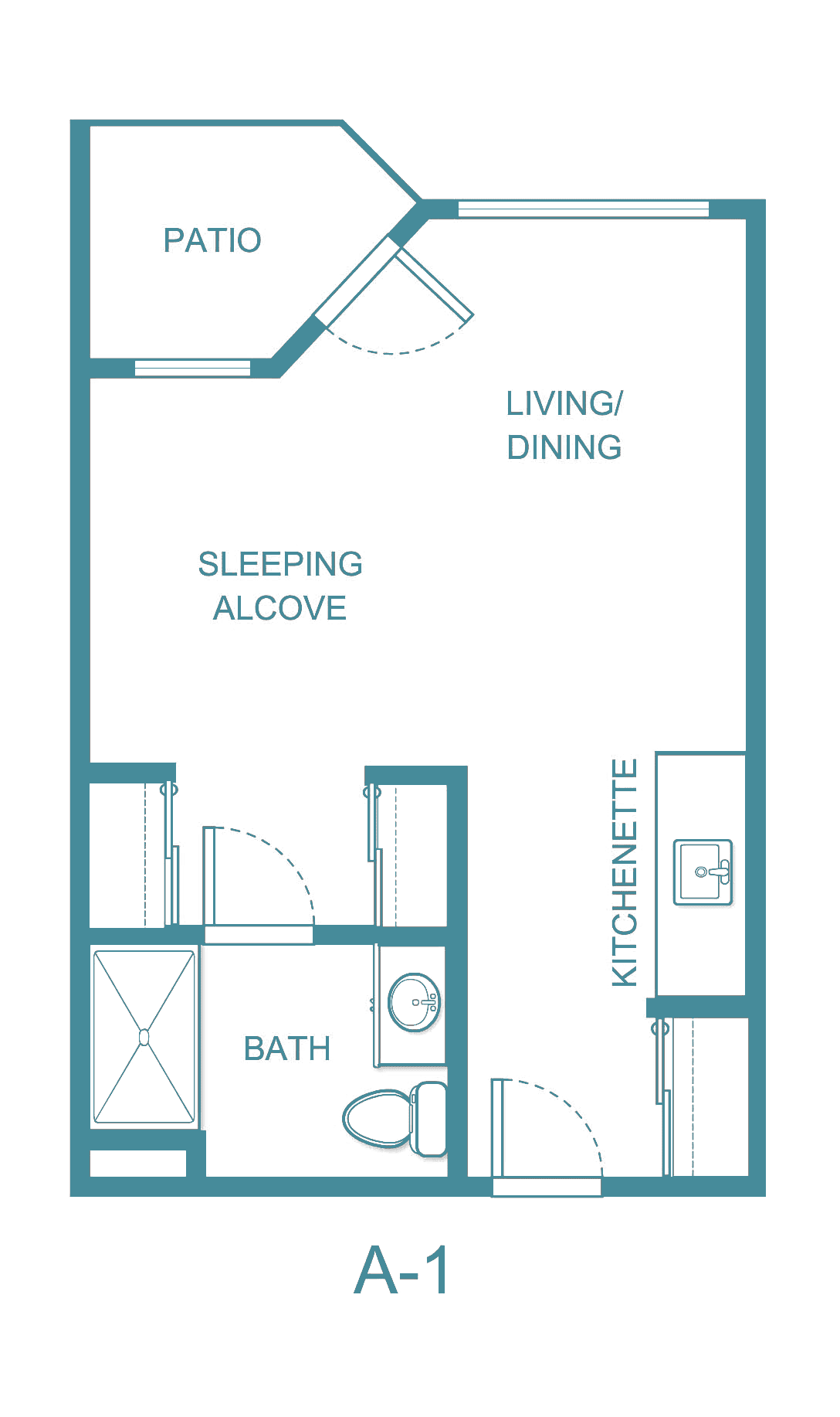 A floor plan of a studio apartment featuring a living/dining area, sleeping alcove, bathroom, and kitchenette.