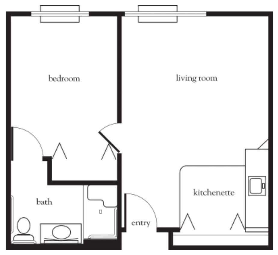 A simple floor plan showing an apartment layout with a bedroom, living room, kitchen/dining area, and bathroom.