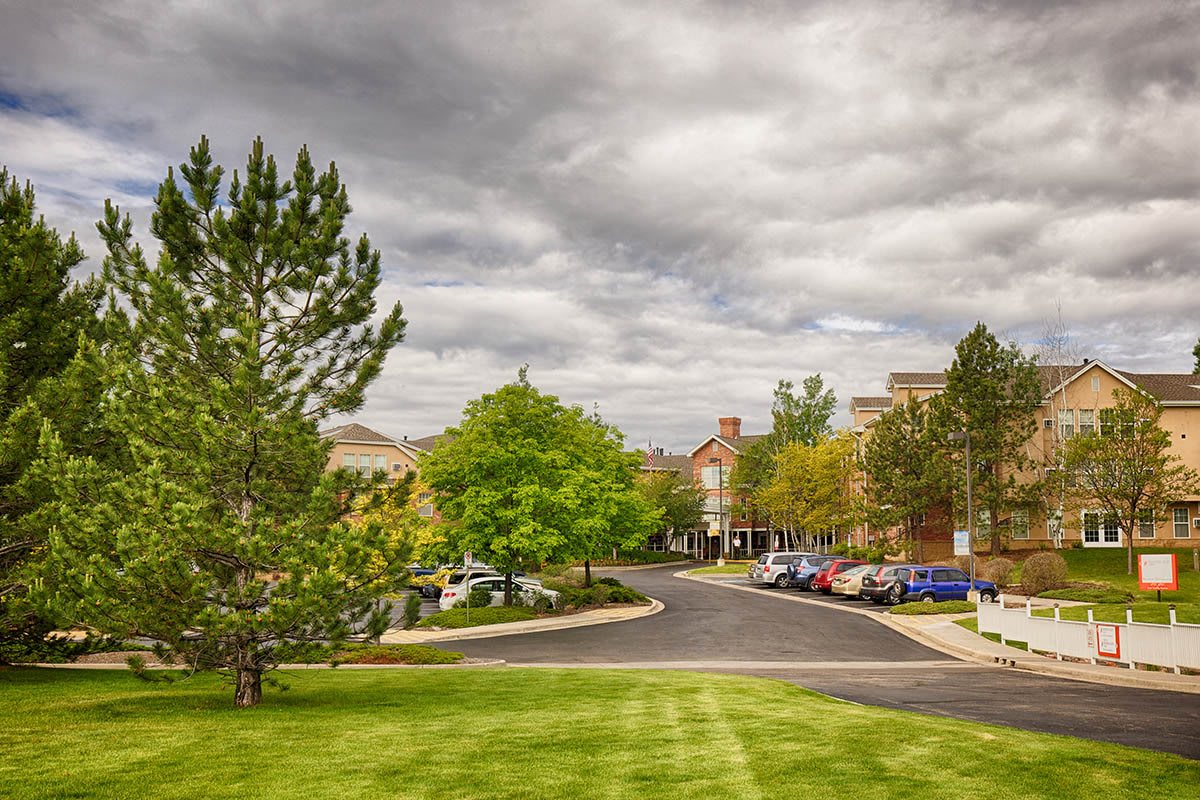 A suburban neighborhood street lined with trees and parked cars under a cloudy sky.