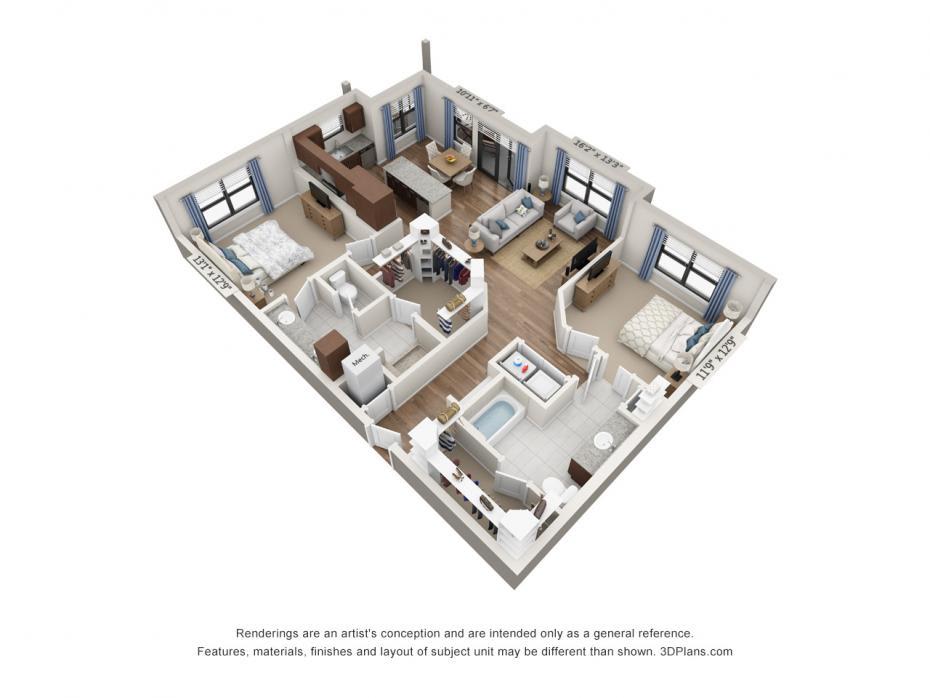 A 3D rendered floor plan of a two-bedroom apartment featuring a living room, kitchen, and bathroom.
