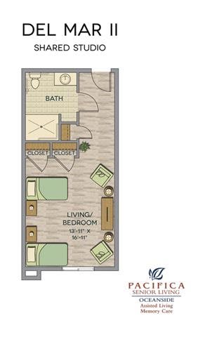 A detailed floor plan of a compact living space with two beds and a bathroom.