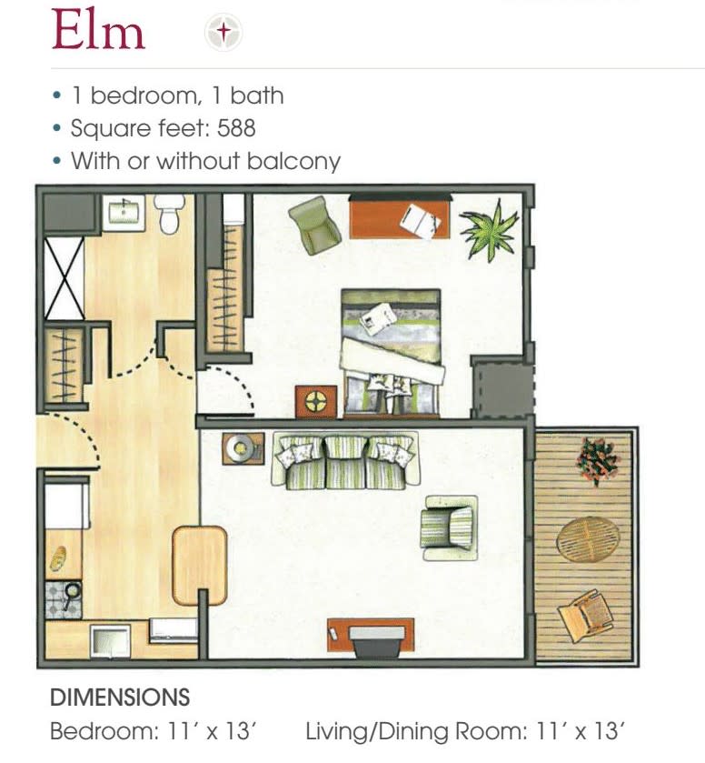 Floor plan of a single-bedroom apartment with a balcony and a total area of 688 square feet.