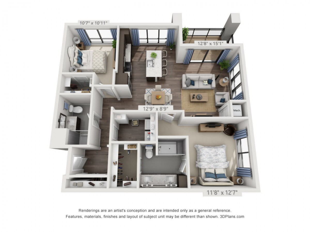 A 3D floor plan of an apartment featuring two bedrooms, a living room, kitchen, and bathrooms.