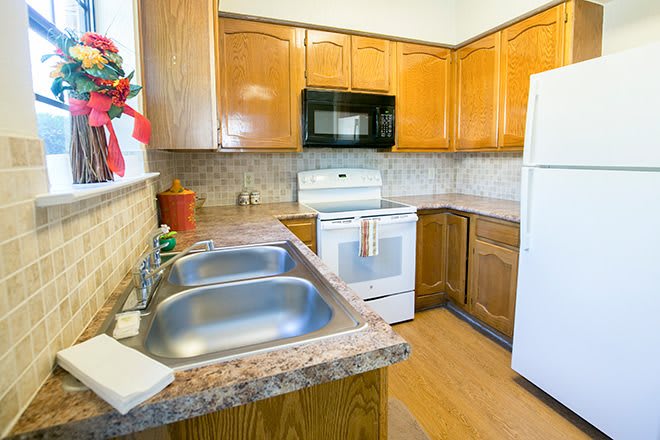 A cozy kitchen with wooden cabinets, modern appliances, and a dual sink.