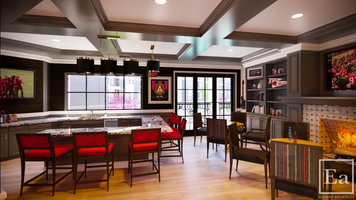 A modern bar interior with red chairs and wood flooring, featuring a seating area and decorative shelving.