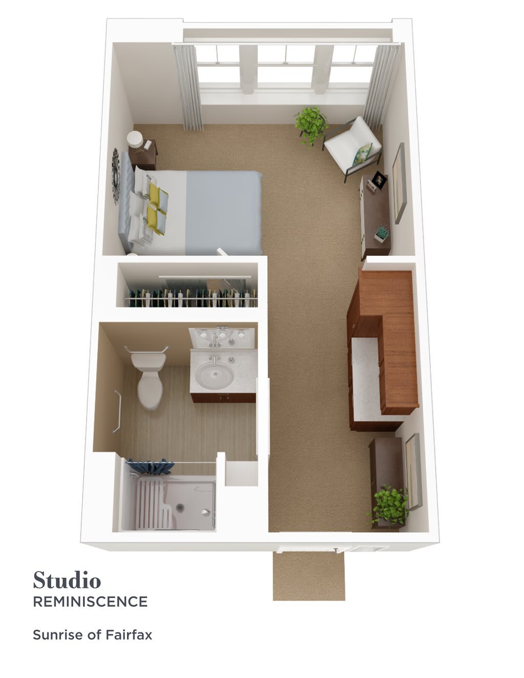 A 3D floor plan of a studio apartment with a compact layout.