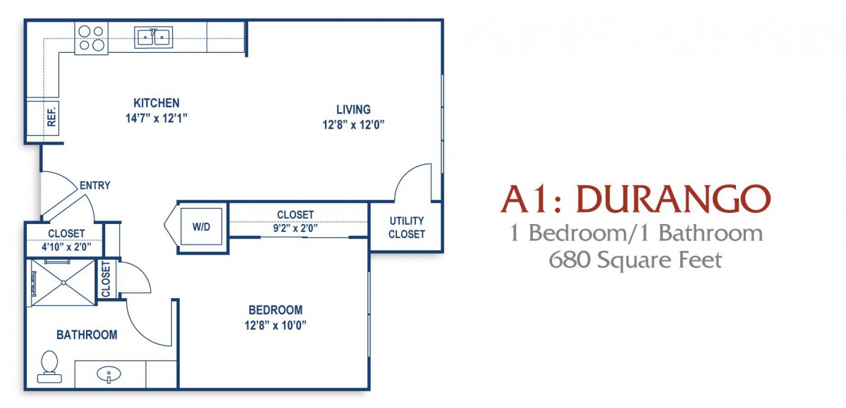 A floor plan showing a 680 square foot, one-bedroom apartment layout with living room and utility closet.