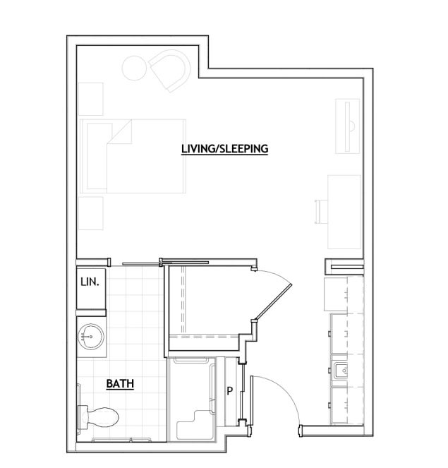 Floor plan layout of a living space with kitchen and bathroom.