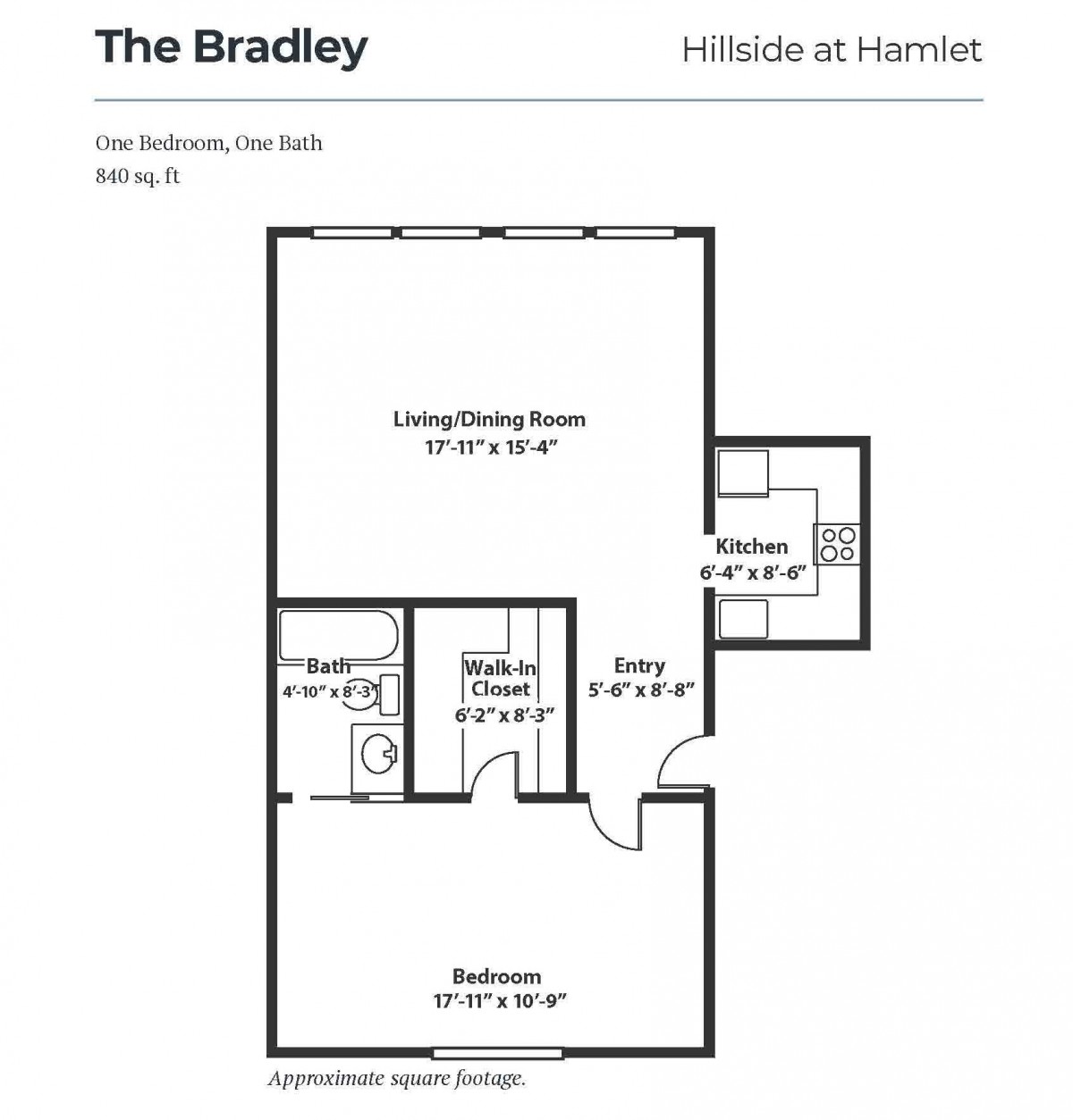Floor plan of 'The Bradley' one-bedroom apartment at Hebble at Hunslet.