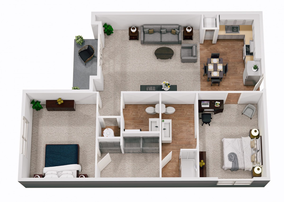 A modern two-bedroom apartment floor plan featuring a spacious living room, dining area, kitchen, bathroom, and a balcony.