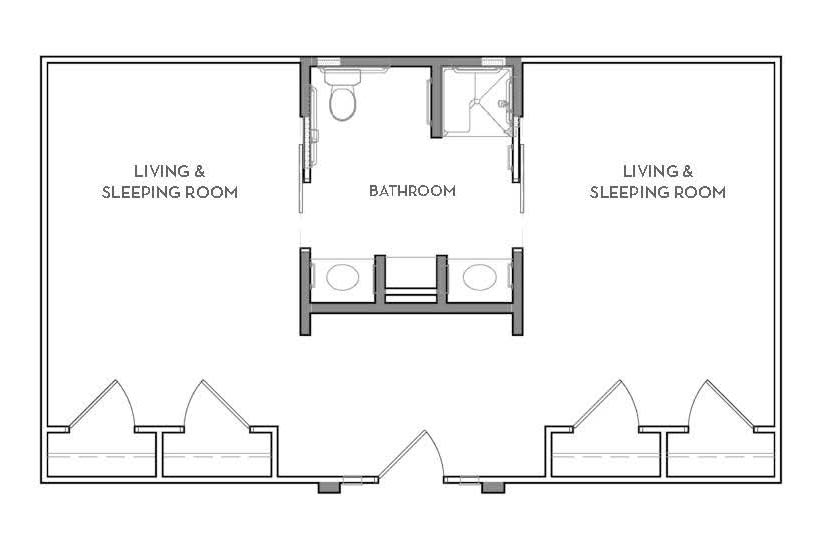 A simple floor plan showcasing a bathroom situated between two living and sleeping areas.