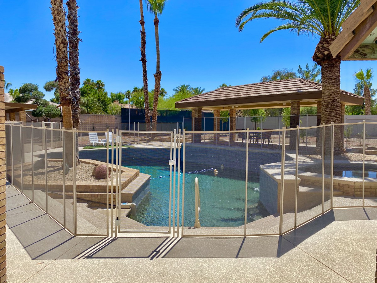 A backyard pool with a safety fence surrounded by palm trees under a clear blue sky.