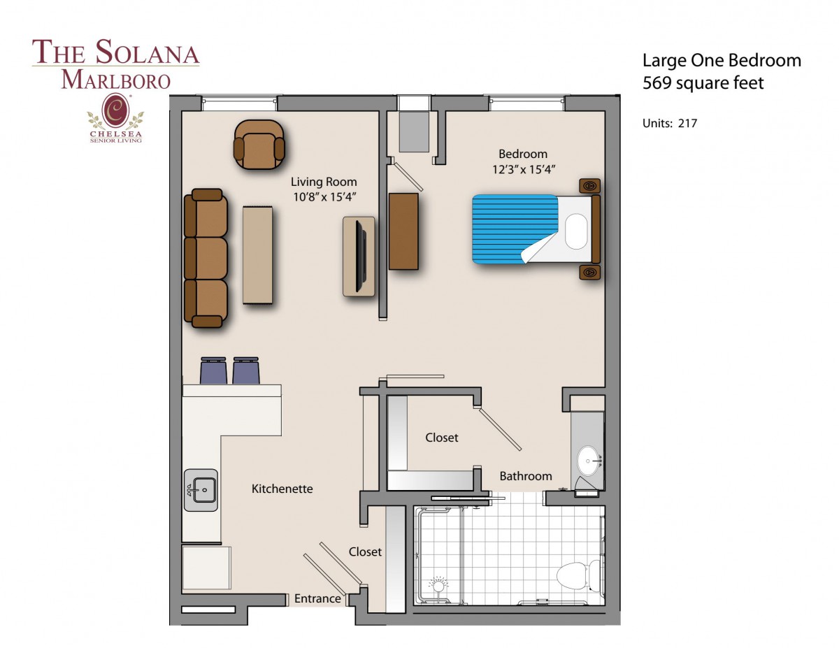 A floor plan of a larger one-bedroom apartment, featuring a living room, kitchen, and bathroom.
